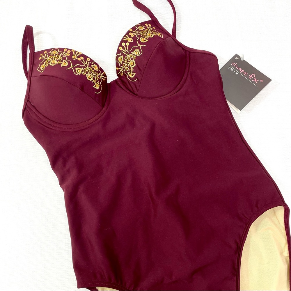 Womens Swim Suit NWT Shape FX  Floral Open Back One Piece Gold Embroidered